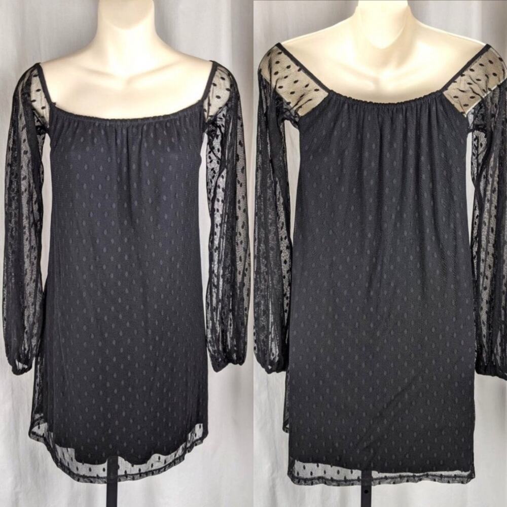 For Love and Lemons Black Sheer Polka Dot Off the Shoulder Dress Size X-Small